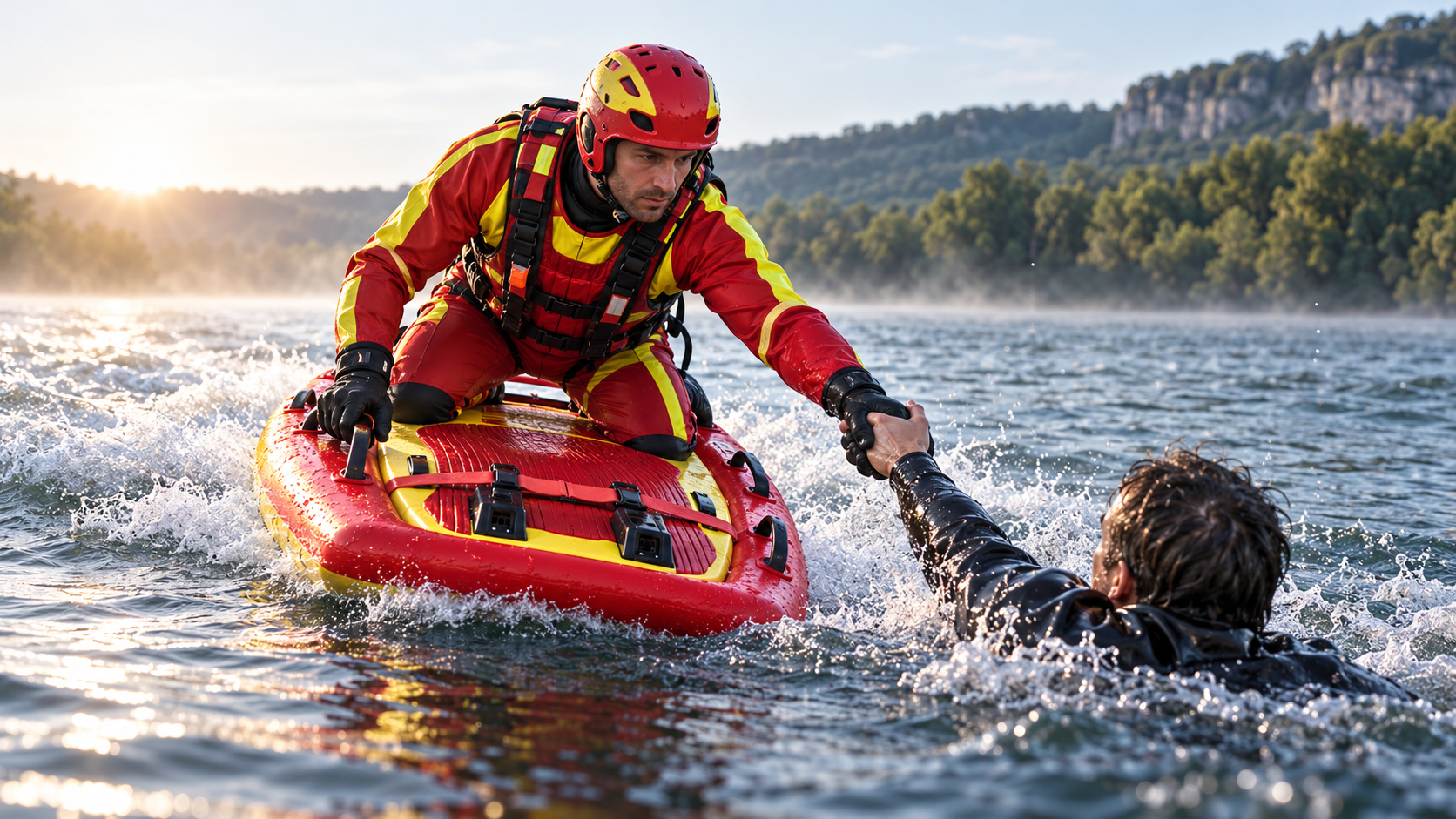 Sauveteur professionnel utilisant la Rescue Board pour rejoindre une victime dans l’eau